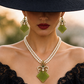 THE EYE OF THE FOREST, Elegant Chandelier Earrings and Necklace Set with Cress Green Stone