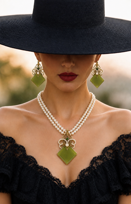 THE EYE OF THE FOREST, Elegant Chandelier Earrings and Necklace Set with Cress Green Stone