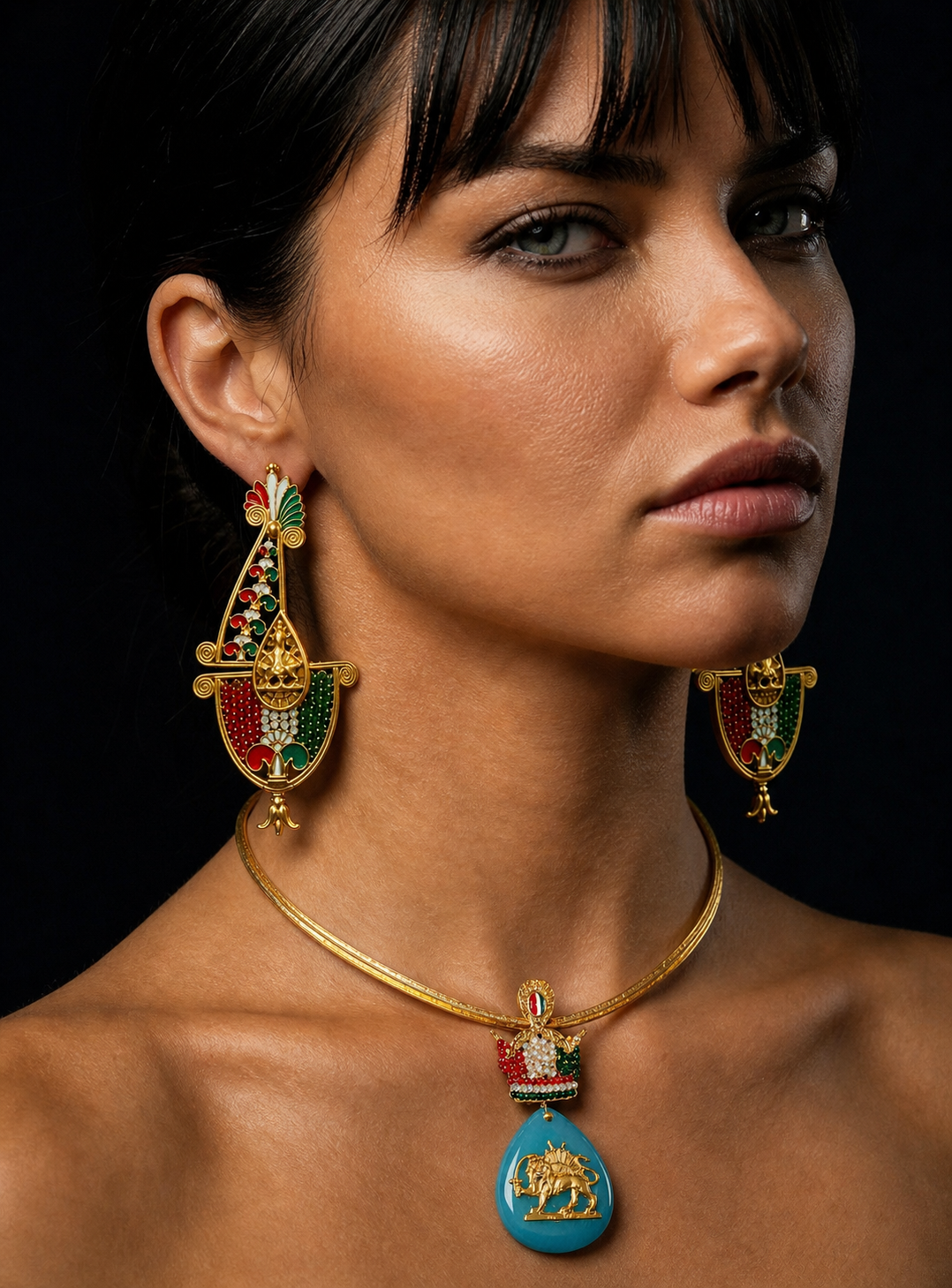 Handmade Persian Map Earrings – Lion & Sun Crown Design | Enamel & Crystal Luxury Statement Jewelry