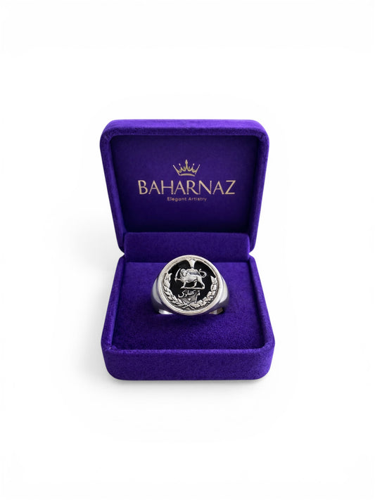 Persian Lion & Sun Statement Ring – Vintage Pahlavi Coin Inspired Bold Gold Ring | Baharnaz Elegant Artistry