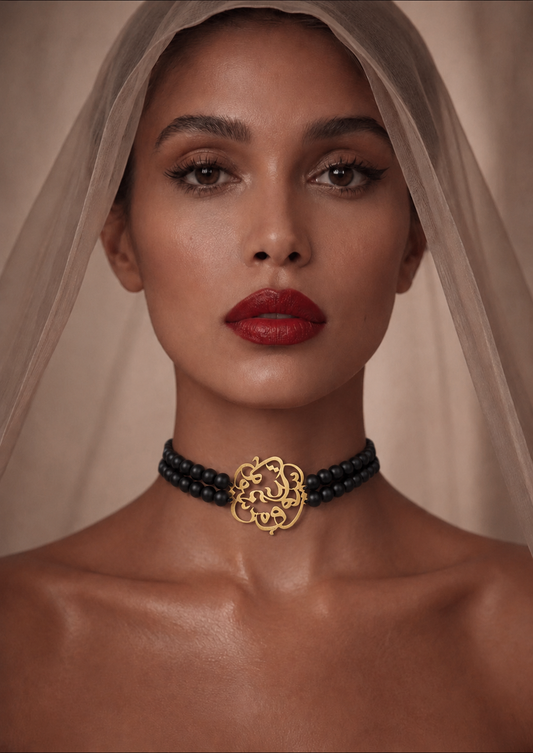 Handmade Black Onyx Choker Necklace & Onyx Earrings Set – Persian Calligraphy “Eshgh” Necklace with Freshwater Pearls | One of a Kind