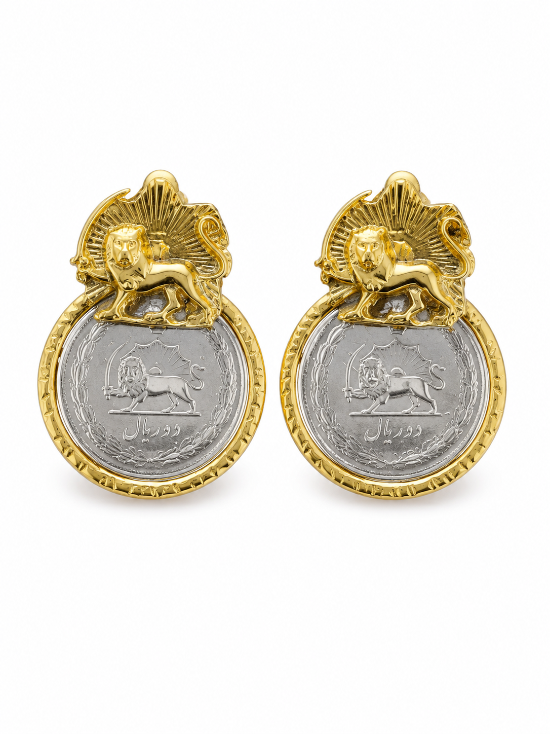 Persian Coin Earrings – Lion & Sun & Crown Design | Gold Plated Statement Earrings—- Gold Plated Persian Coin Earrings | Lion & Sun & Crown