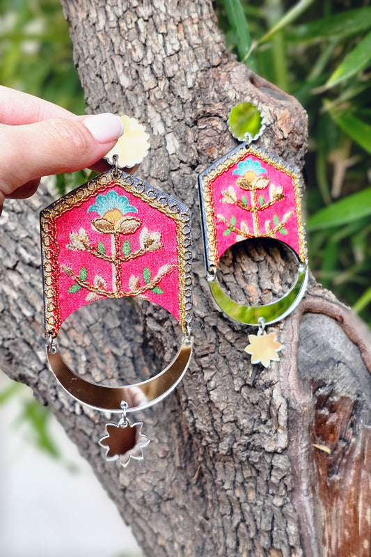 FLOWERS OF THE MOON, Handmade Geometric Earrings with a Fabric Painted Floral Design and Hanging Mirrors