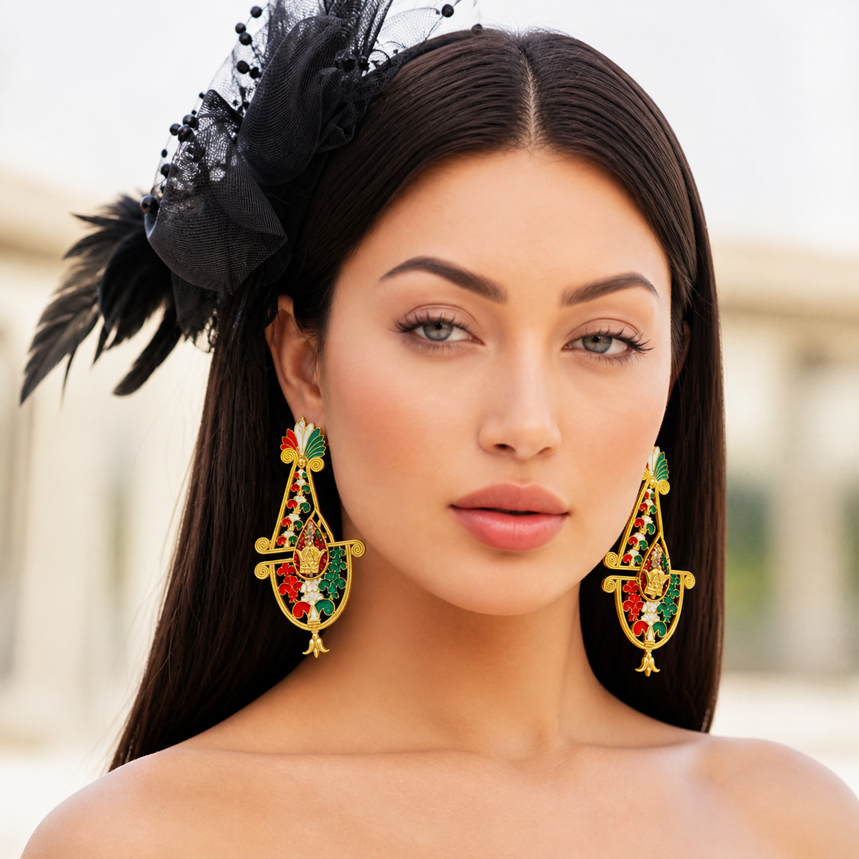 Handmade Persian Map Earrings – Lion & Sun Crown Design | Enamel & Crystal Luxury Statement Jewelry