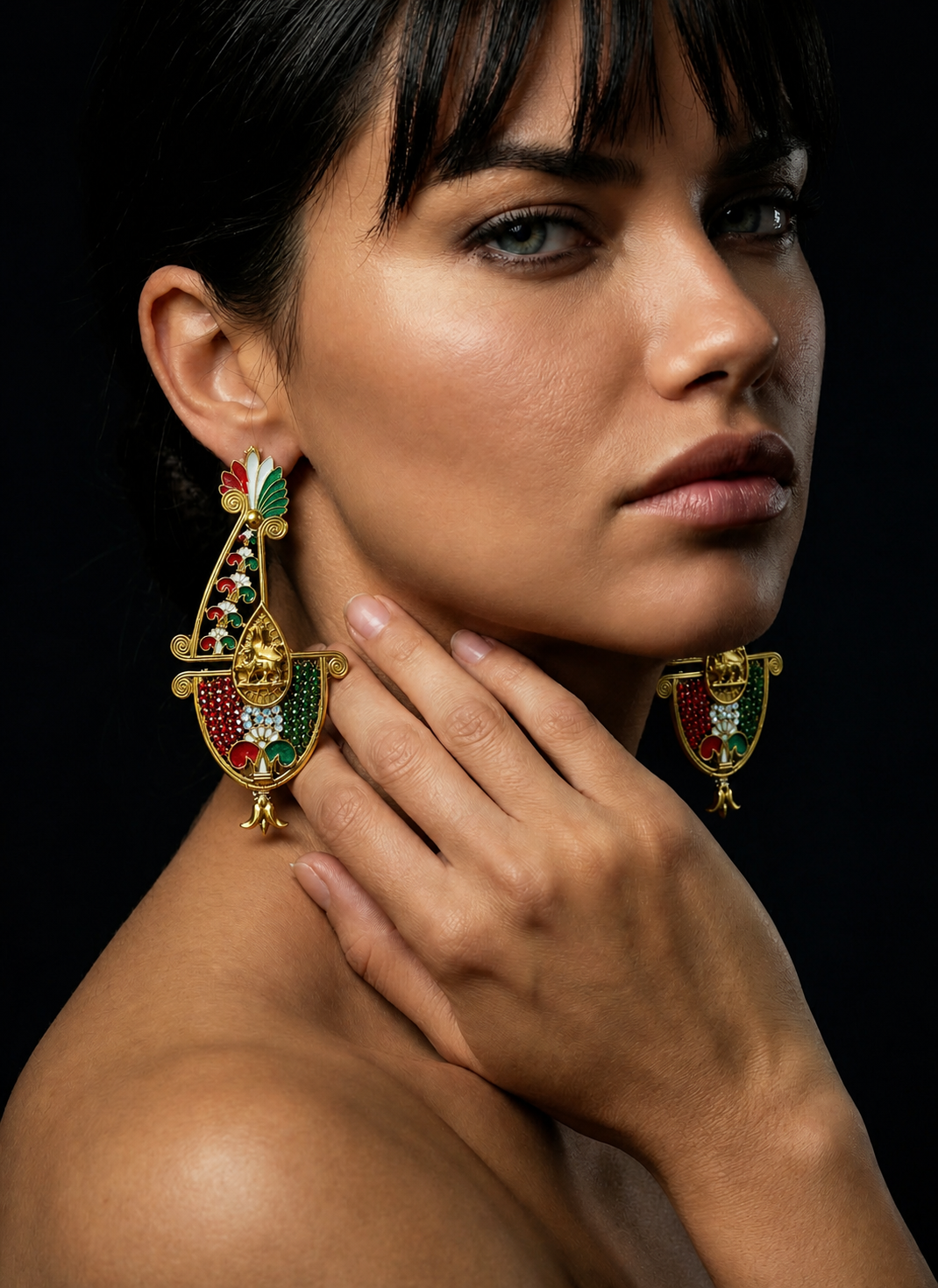 Handmade Persian Map Earrings – Lion & Sun Crown Design | Enamel & Crystal Luxury Statement Jewelry