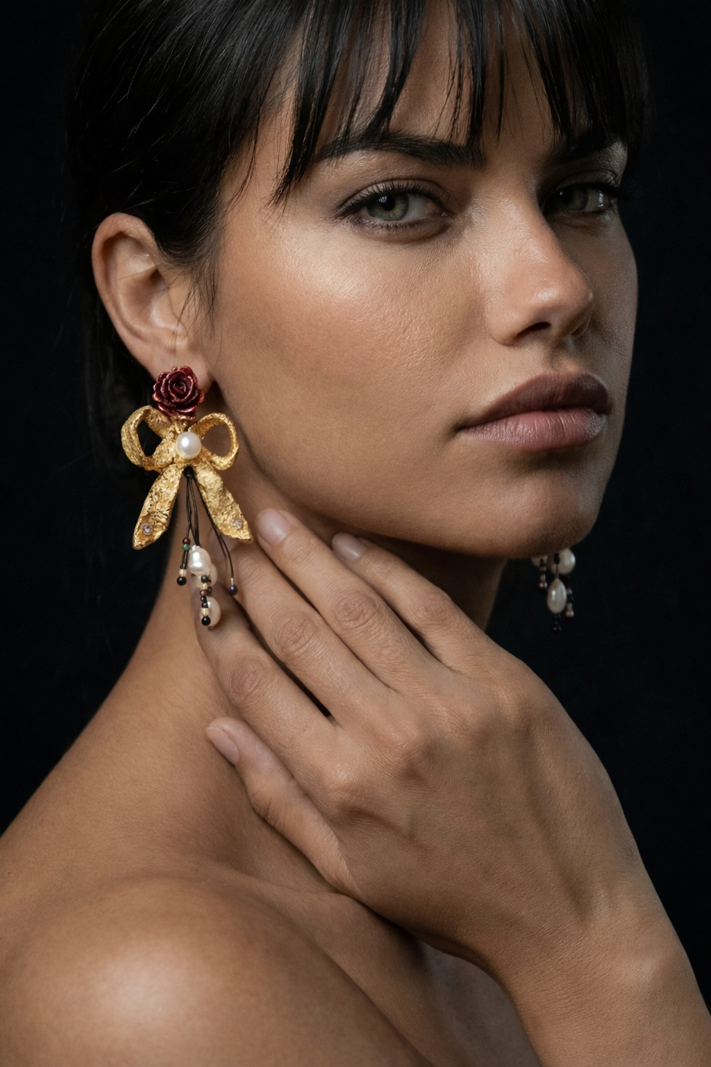 Gold Leaf Handmade Bow & Rose Earrings