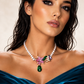 Handmade Floral Pearl Necklace with Green Crystal Drop | Statement Beaded Necklace | Elegant Artisan Jewelry Gift for Women