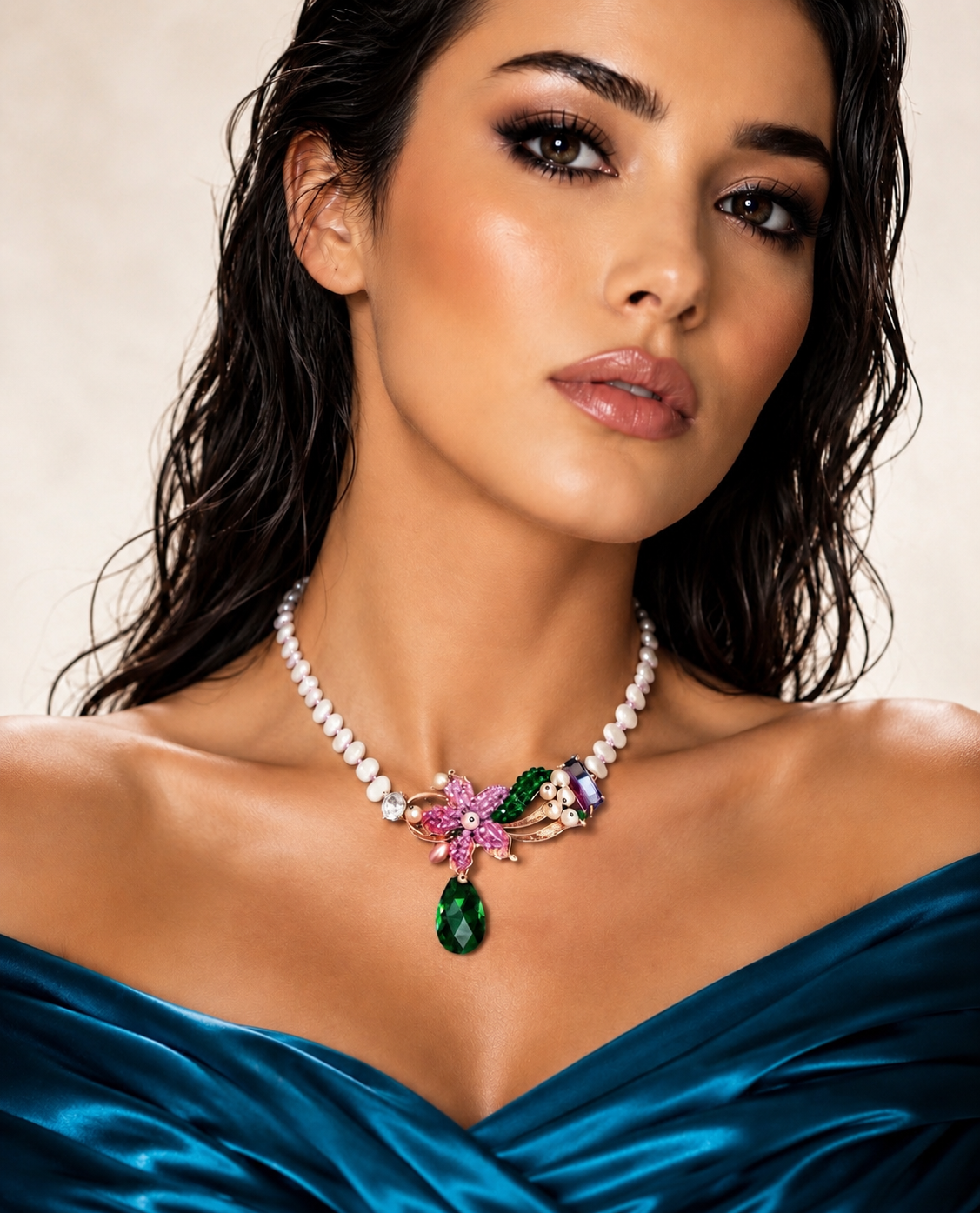 Handmade Floral Pearl Necklace with Green Crystal Drop | Statement Beaded Necklace | Elegant Artisan Jewelry Gift for Women