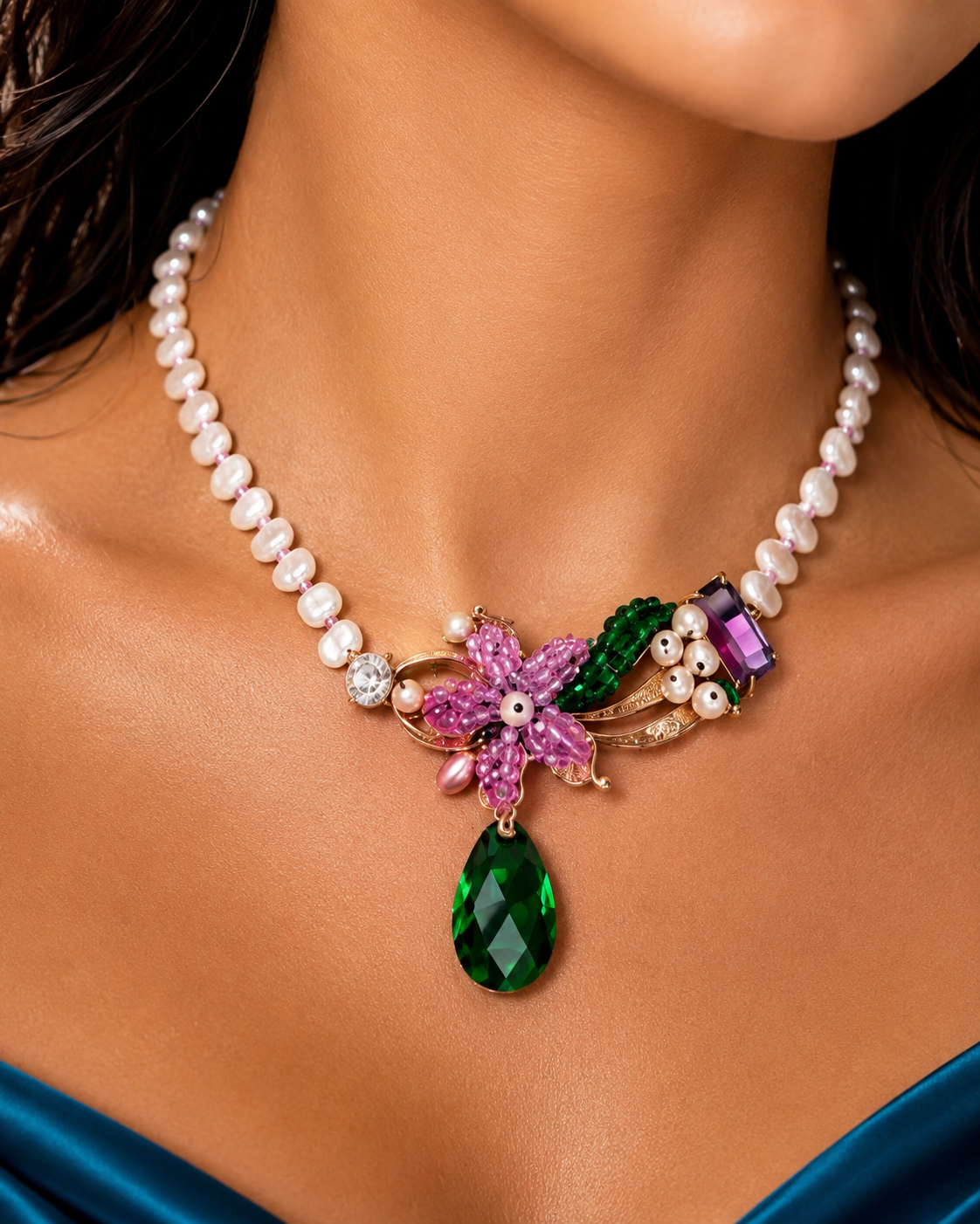 Handmade Floral Pearl Necklace with Green Crystal Drop | Statement Beaded Necklace | Elegant Artisan Jewelry Gift for Women