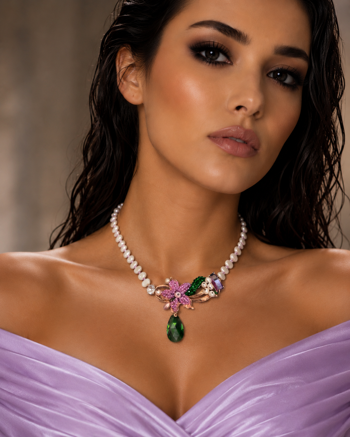 Handmade Floral Pearl Necklace with Green Crystal Drop | Statement Beaded Necklace | Elegant Artisan Jewelry Gift for Women