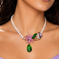Handmade Floral Pearl Necklace with Green Crystal Drop | Statement Beaded Necklace | Elegant Artisan Jewelry Gift for Women