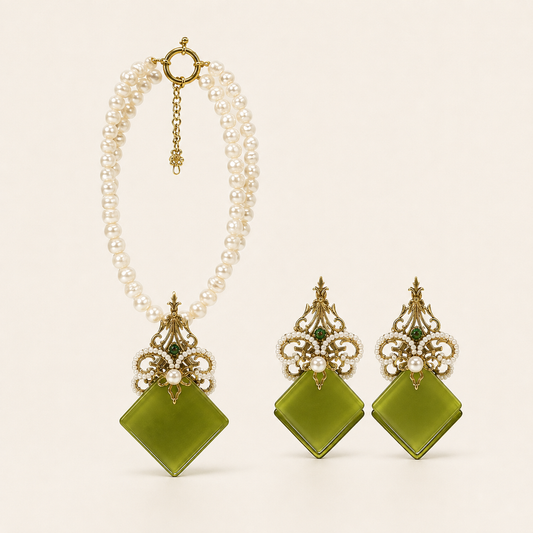 THE EYE OF THE FOREST, Elegant Chandelier Earrings and Necklace Set with Cress Green Stone