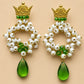 One-of-a-Kind Princess Pearl Earrings | Handmade Green Crystal Crown Earrings