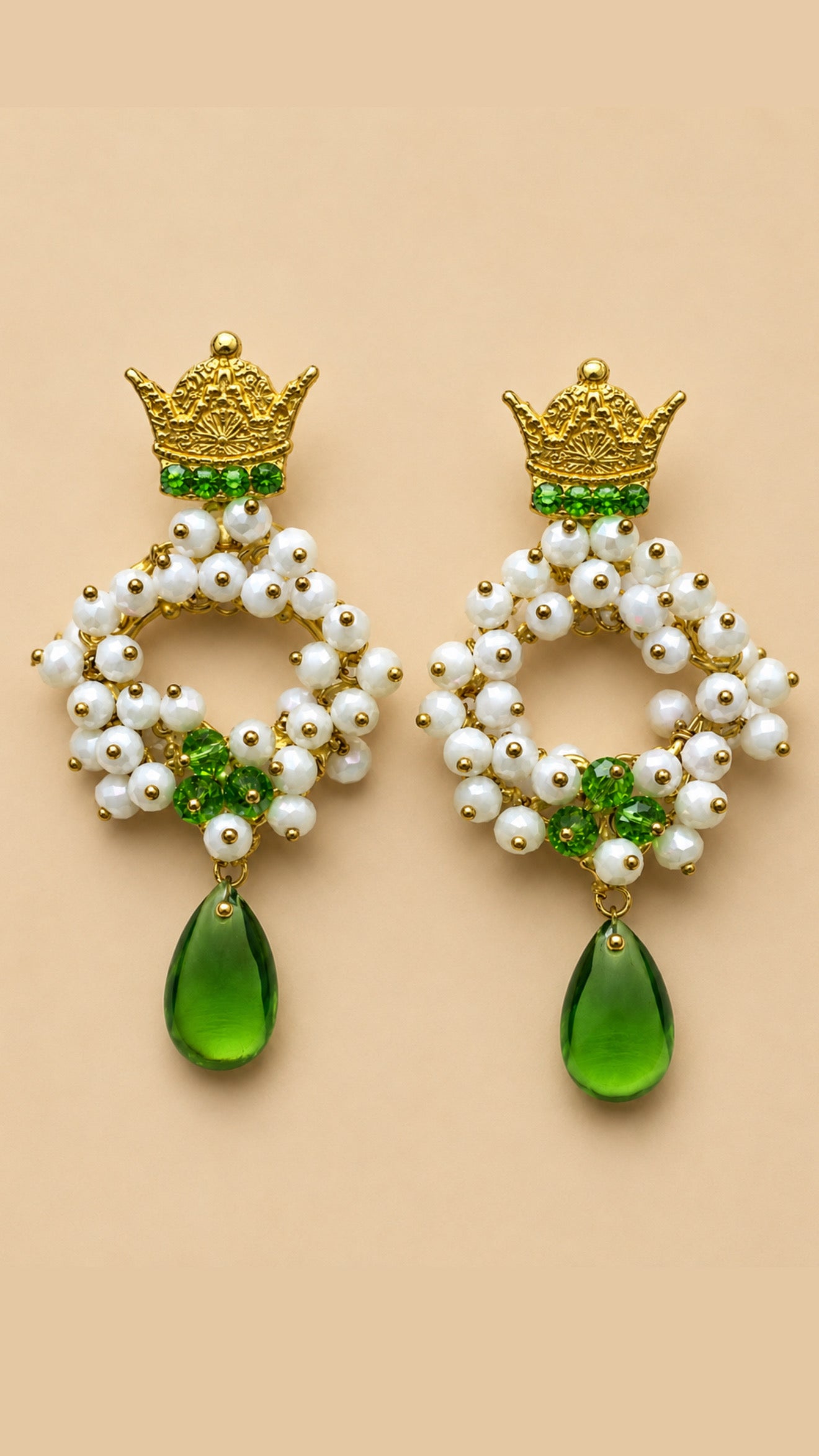 One-of-a-Kind Princess Pearl Earrings | Handmade Green Crystal Crown Earrings