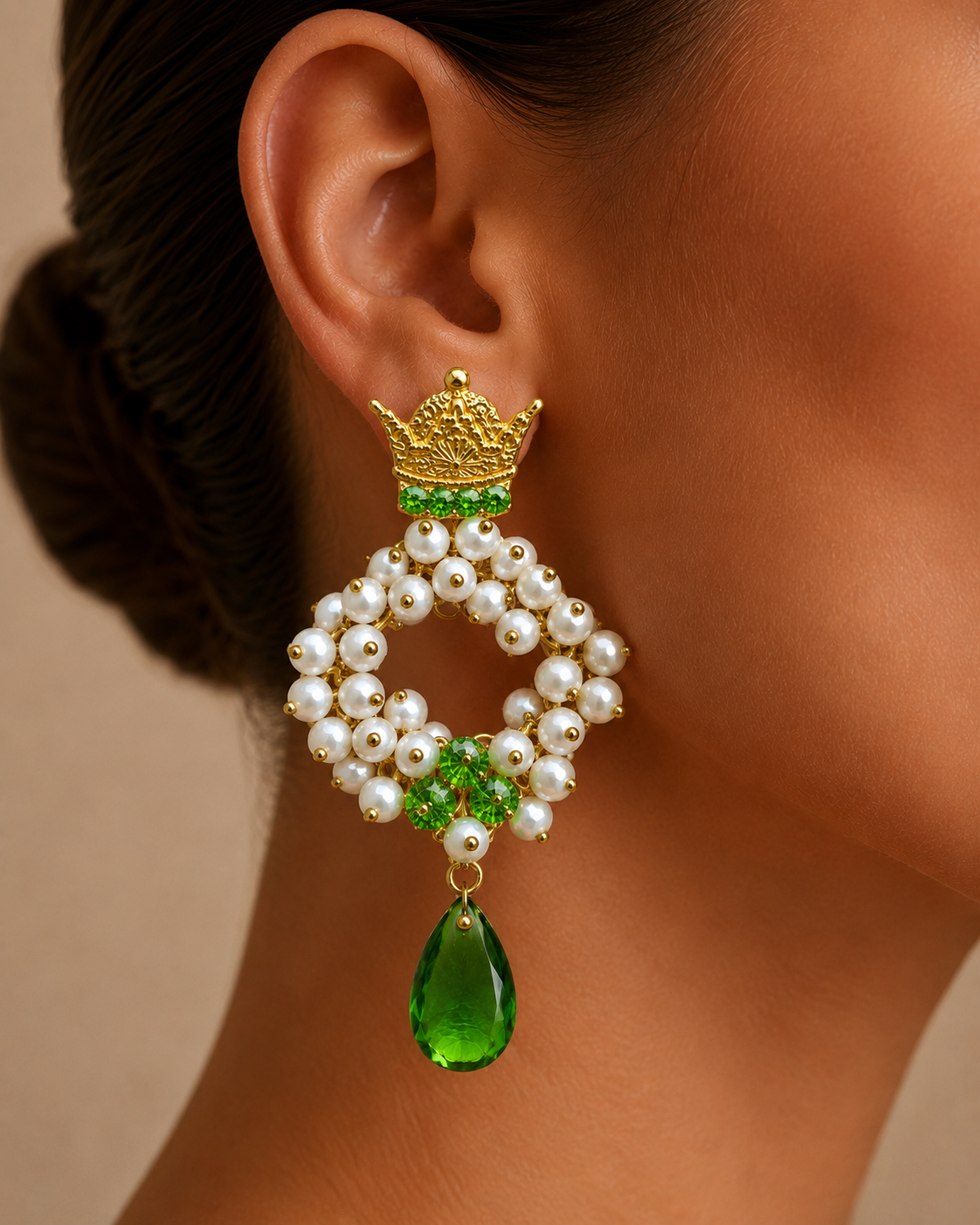 One-of-a-Kind Princess Pearl Earrings | Handmade Green Crystal Crown Earrings