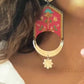 FLOWERS OF THE MOON, Handmade Geometric Earrings with a Fabric Painted Floral Design and Hanging Mirrors
