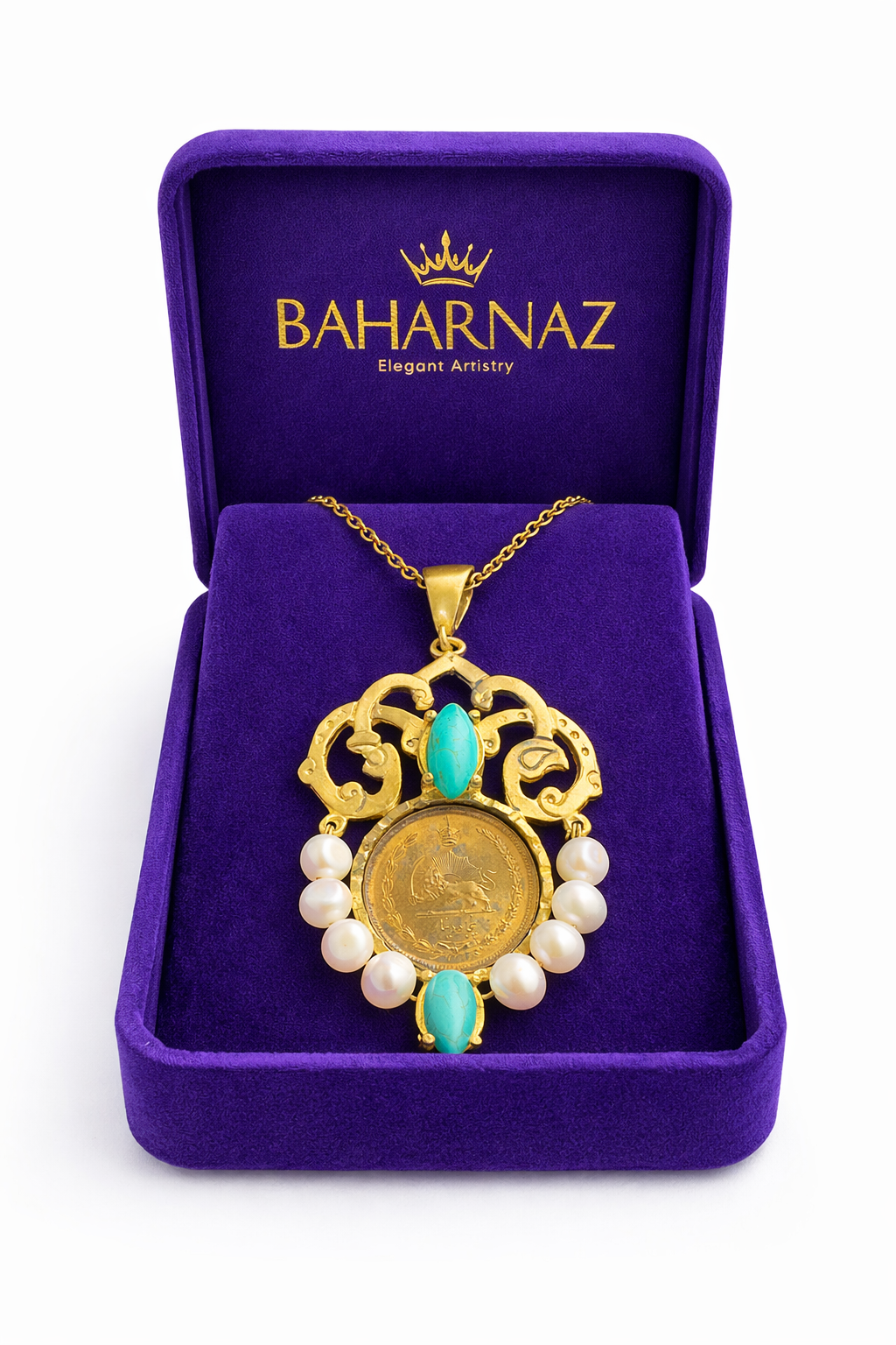 Handmade unique limited edition coin necklace inspired by Pahlavi. Turquoise stone.