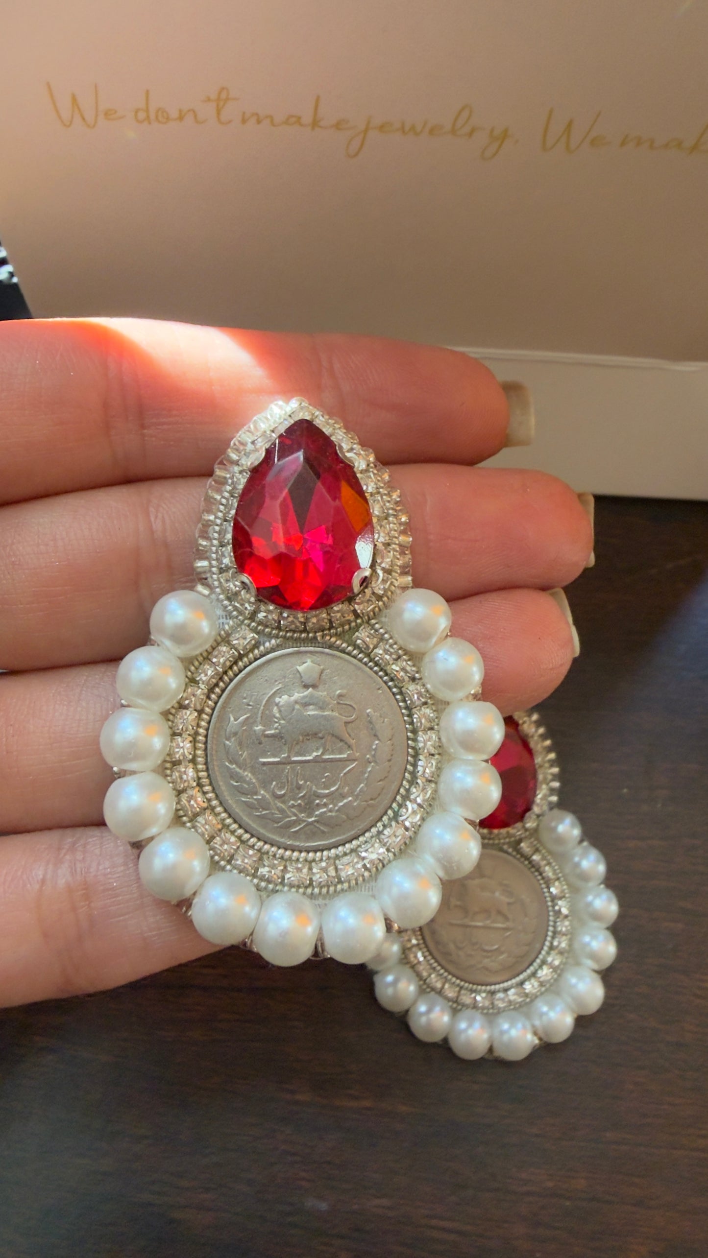 Pahlavi Coin Statement Earrings – Persian 1 Yek Rial Design with Pearls & Red Crystal