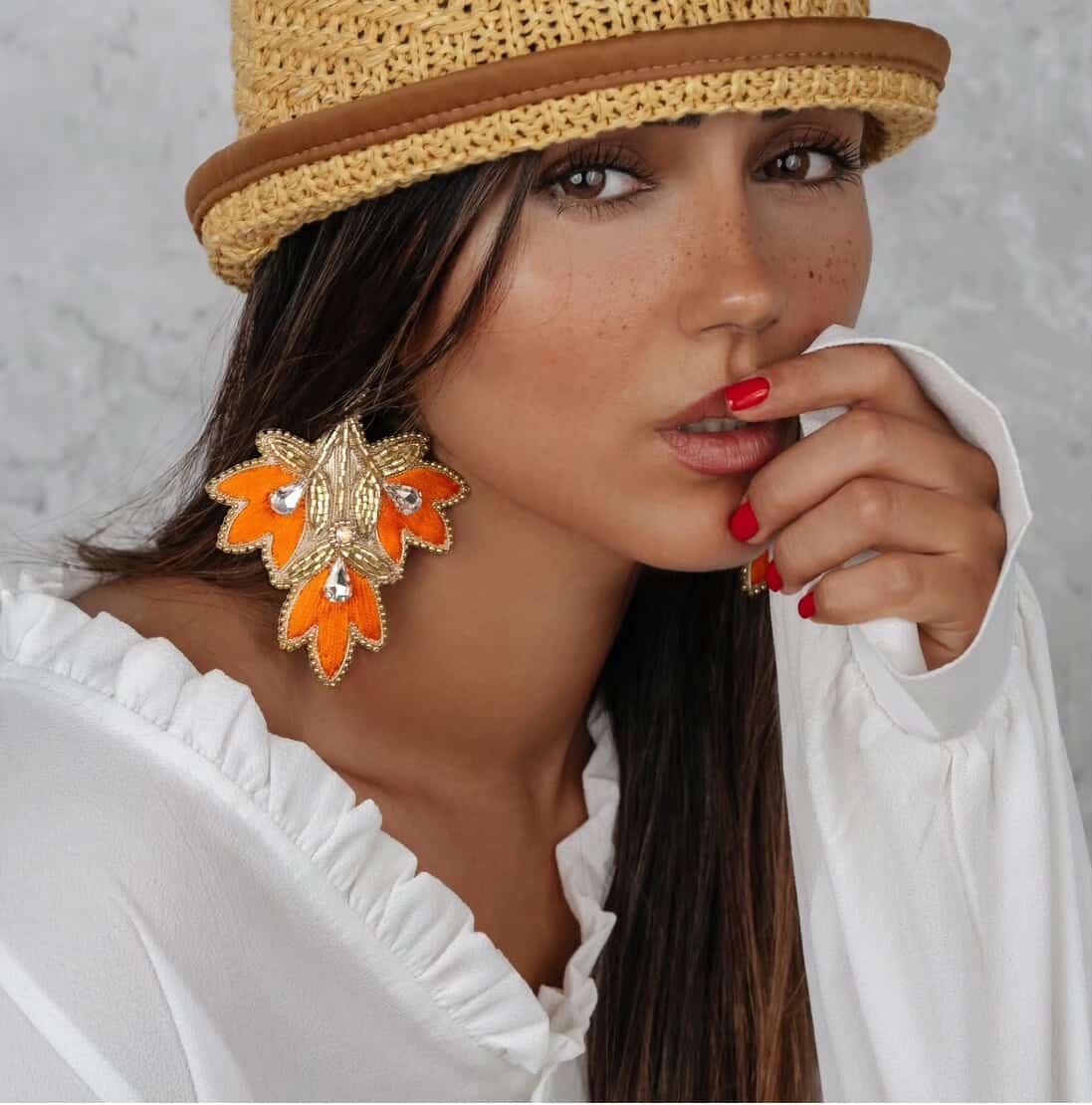 Handcrafted Statement Earrings – Orange & Gold Embellished Dangle Design