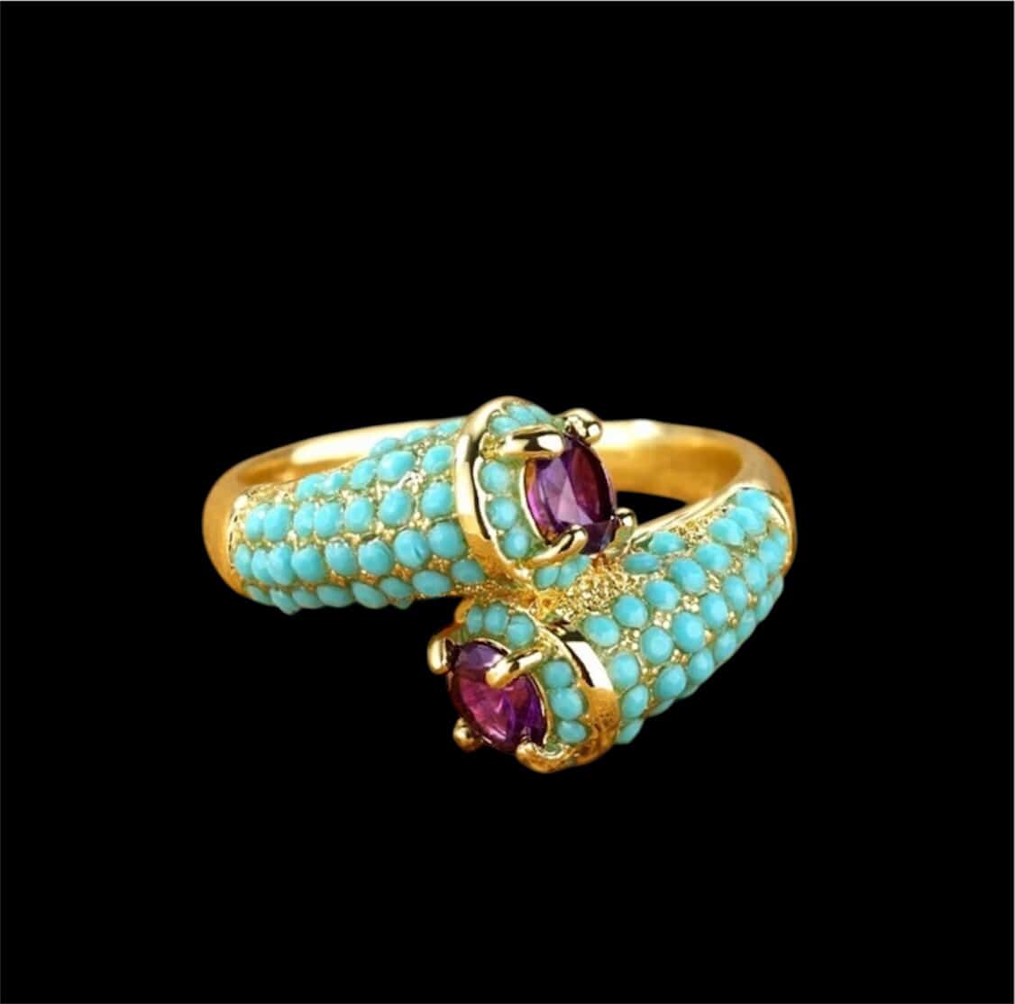 Vintage Gold Snake-Inspired Ring with Turquoise & Amethyst CZ – Statement Women’s Ring