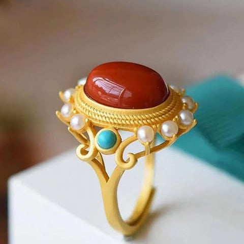 Vintage Palace Ring – Natural Hetian Jade, Pearls & Carnelian Cabochon