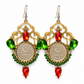 One-of-a-kind handmade statement earrings featuring authentic Pahlavi-era coins, sparkling red and green crystals, and intricate vintage-inspired detailing. A unique collector’s piece by Baharnaz Gallery. Only one pair available.