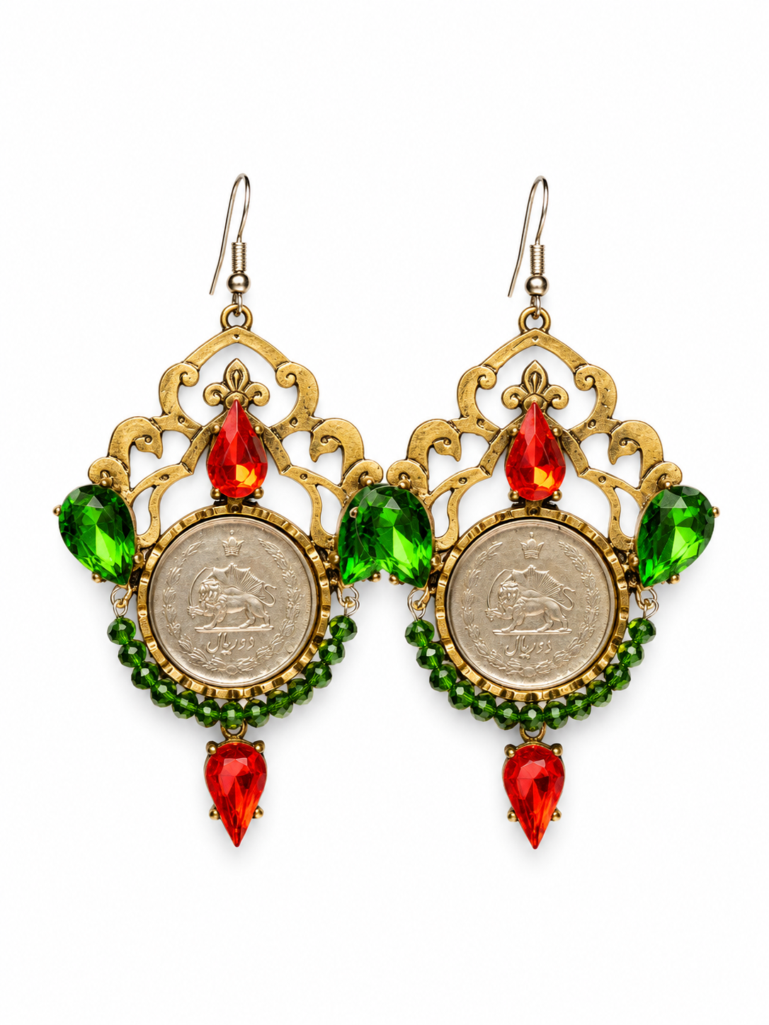 One-of-a-kind handmade statement earrings featuring authentic Pahlavi-era coins, sparkling red and green crystals, and intricate vintage-inspired detailing. A unique collector’s piece by Baharnaz Gallery. Only one pair available.