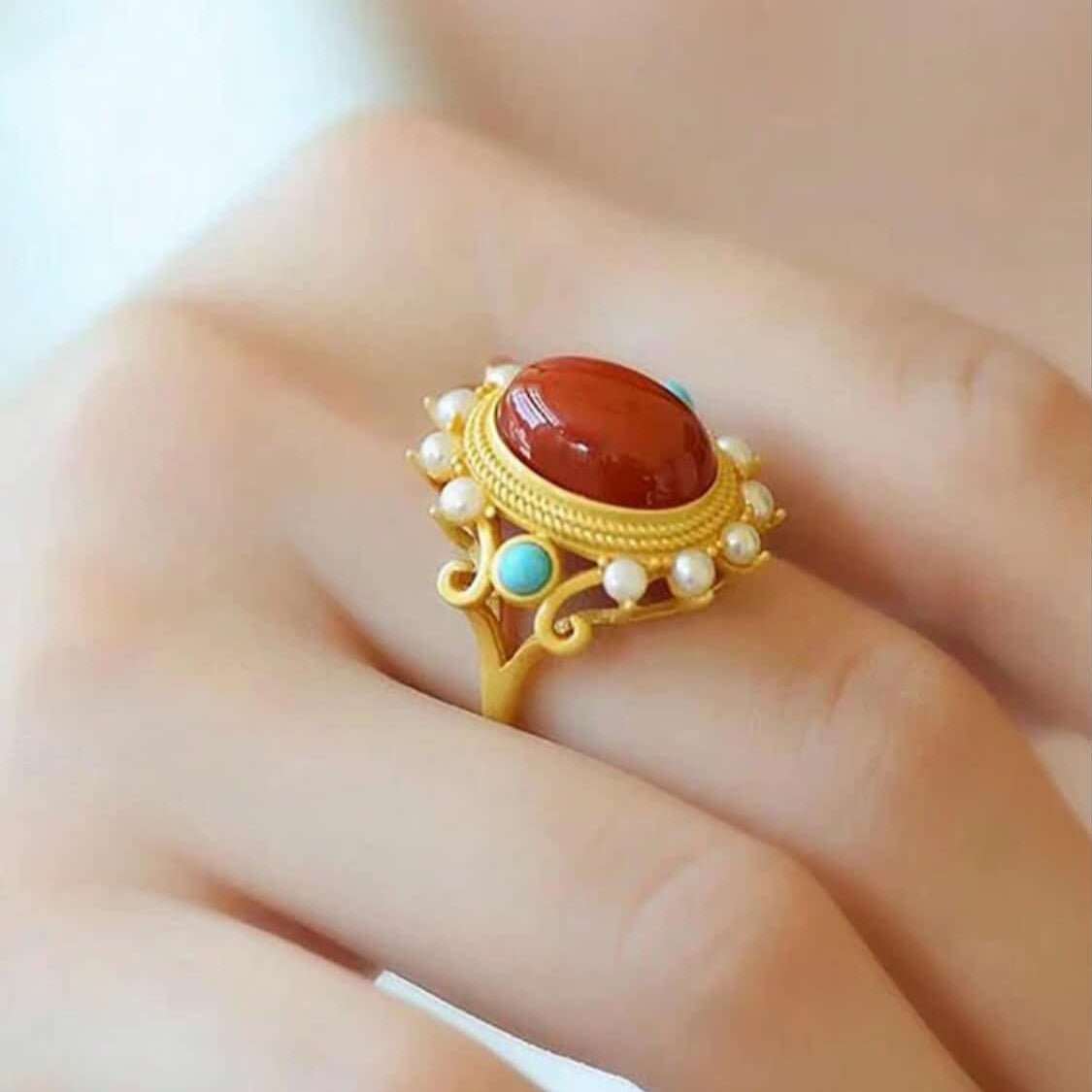 Vintage Palace Ring – Natural Hetian Jade, Pearls & Carnelian Cabochon