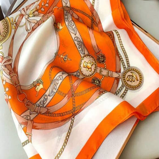 Luxury Printed Square Scarf – Soft Lightweight Polyester, Orange &amp; White