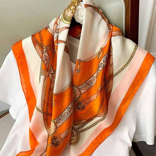 Luxury Printed Square Scarf – Soft Lightweight Polyester, Orange &amp; White