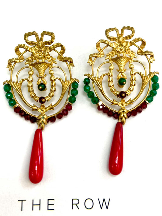 Handmade Vintage-Style Earrings – Brass &amp; Silver with Red &amp; Green