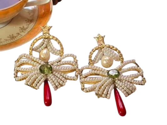 Crowned Bow Elegance Earrings – Coral & Pearl Edition