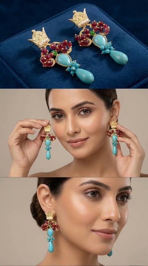 Crowned Ruby & Turquoise Drop Earrings