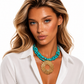 Bohemian Style Exaggerated Multi-Layer Women's Necklace, With Punk-Style Stitching Decor, Round Turquoise Bead Pendant, Hypoallergenic Necklace Accessory