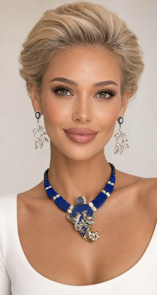 One-of-a-Kind set Handmade 925 Sterling Silver & Genuine Lapis Lazuli Necklace and earrings