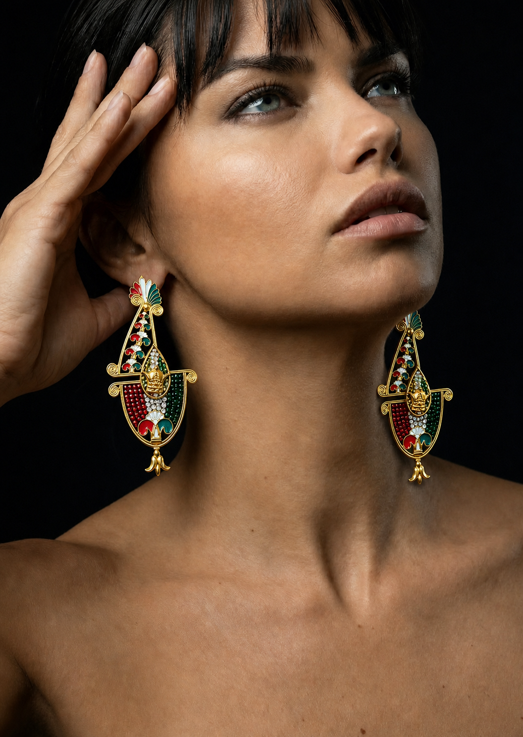 Handmade Persian Map Earrings – Lion & Sun Crown Design | Enamel & Crystal Luxury Statement Jewelry
