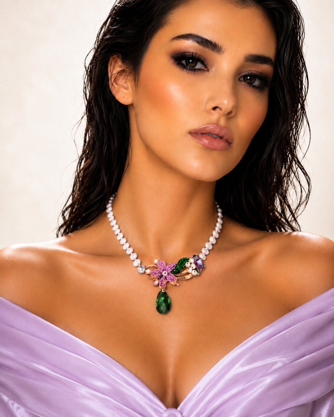 Handmade Floral Pearl Necklace with Green Crystal Drop | Statement Beaded Necklace | Elegant Artisan Jewelry Gift for Women