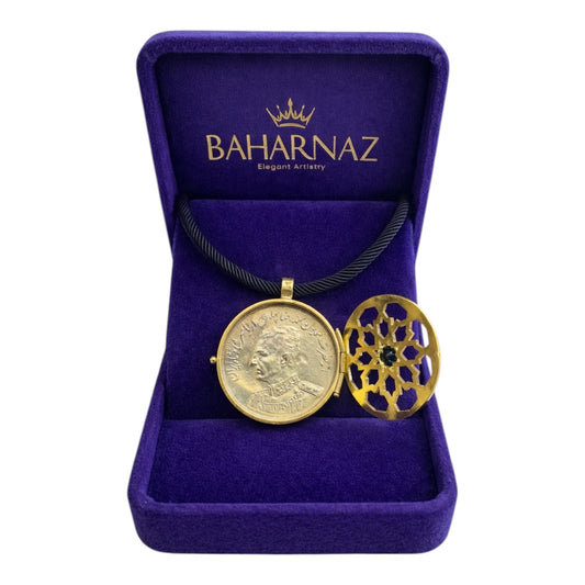 Luxury Handmade Locket Necklace – Reza Pahlavi Engraved Coin, Brass & Silver, Unisex Heritage Piece