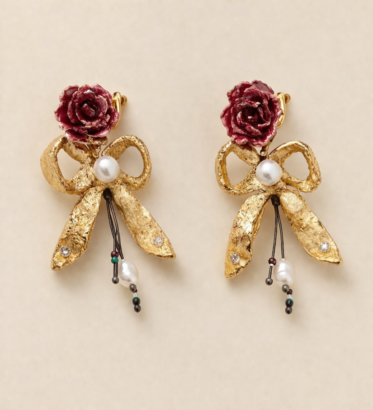 Gold Leaf Handmade Bow & Rose Earrings
