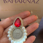 Pahlavi Coin Statement Earrings – Persian 1 Yek Rial Design with Pearls & Red Crystal