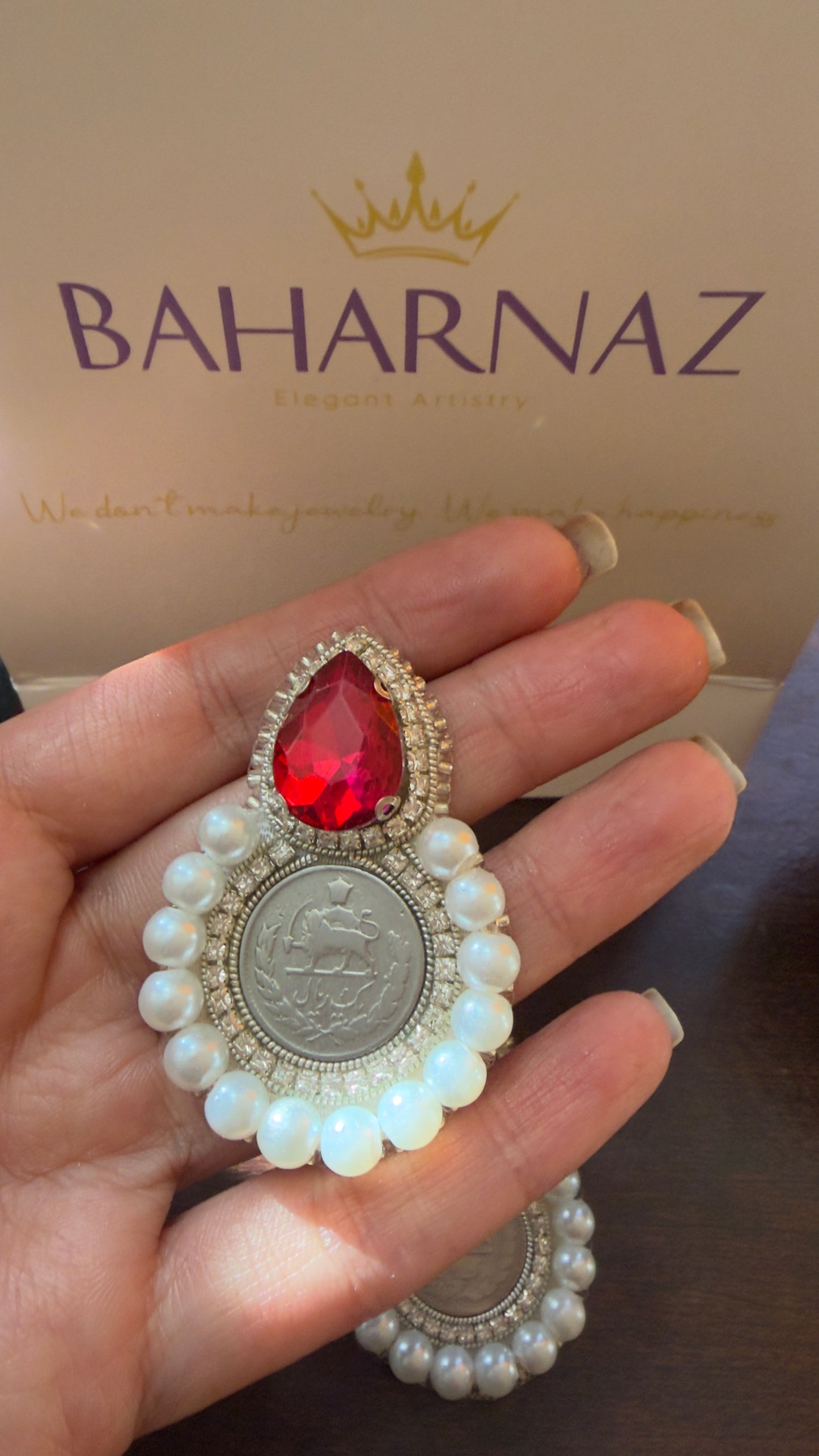 Pahlavi Coin Statement Earrings – Persian 1 Yek Rial Design with Pearls & Red Crystal