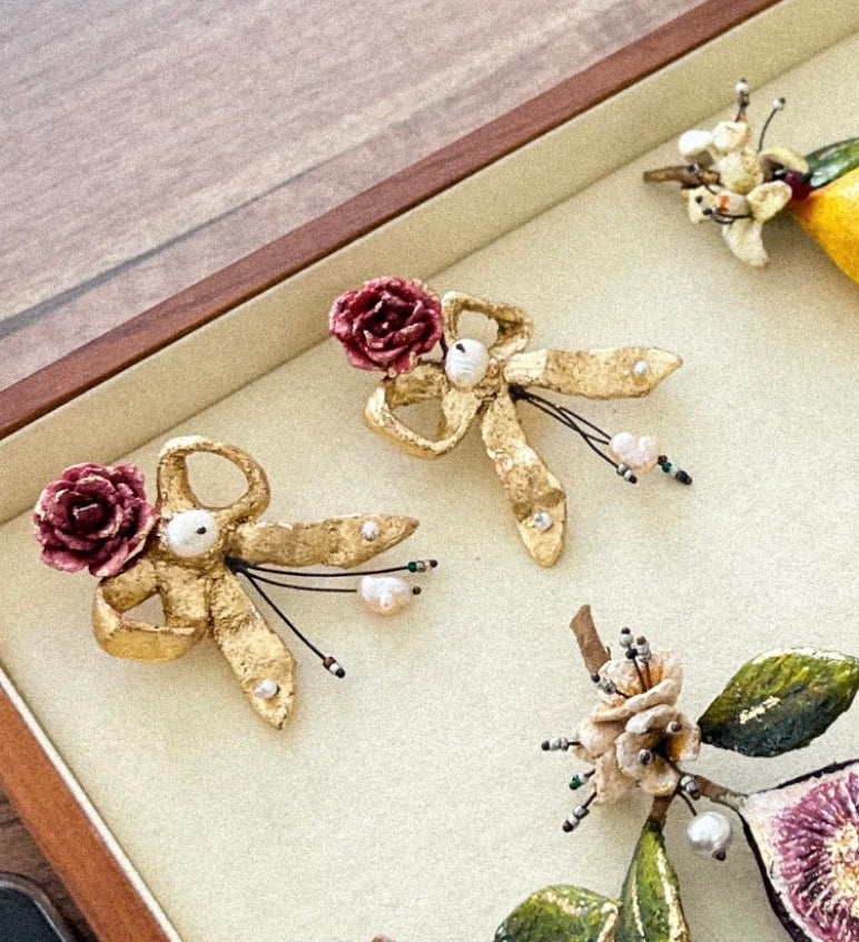 Gold Leaf Handmade Bow & Rose Earrings