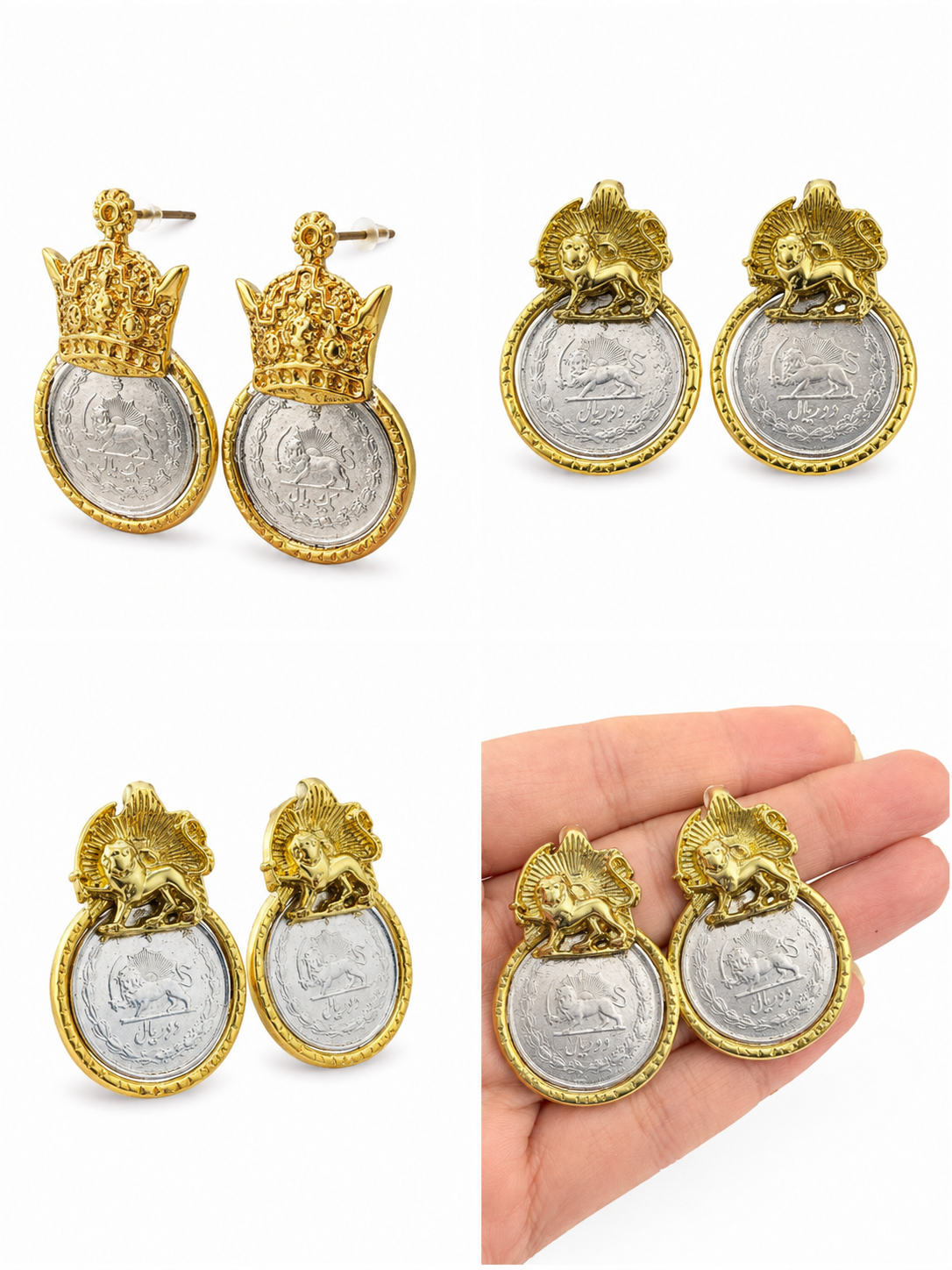 Persian Coin Earrings – Lion & Sun & Crown Design | Gold Plated Statement Earrings—- Gold Plated Persian Coin Earrings | Lion & Sun & Crown