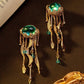 A Pair Of Vintage Blue Oval Inlaid Jellyfish Tassel Ocean Themed Earrings Suitable For Women's Daily Wear, Gifts, Dance Accessories