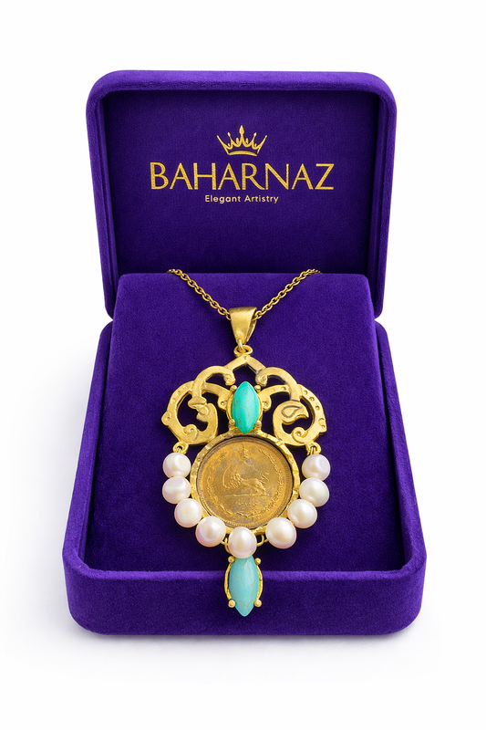 Handmade unique limited edition coin necklace inspired by Pahlavi. Turquoise stone.