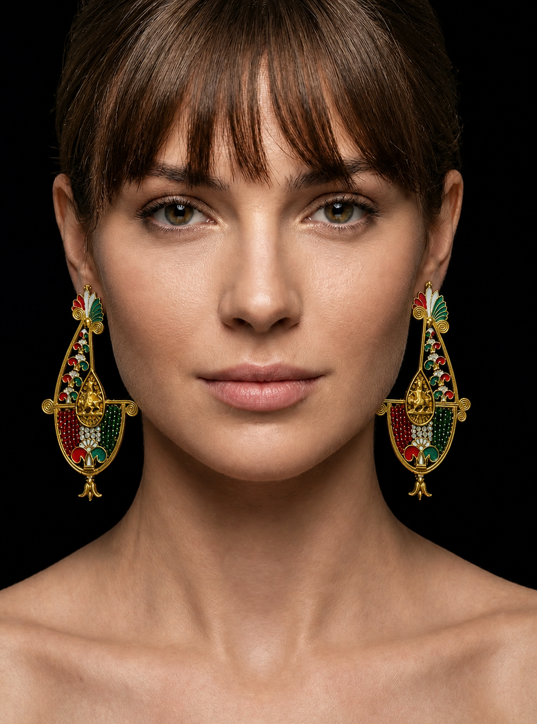 Handmade Persian Map Earrings – Lion & Sun Crown Design | Enamel & Crystal Luxury Statement Jewelry