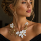 White Enamel Flower Necklace, Gold Floral Bib Necklace, Elegant Handmade Luxury Jewelry for Women, Wedding Guest Gift