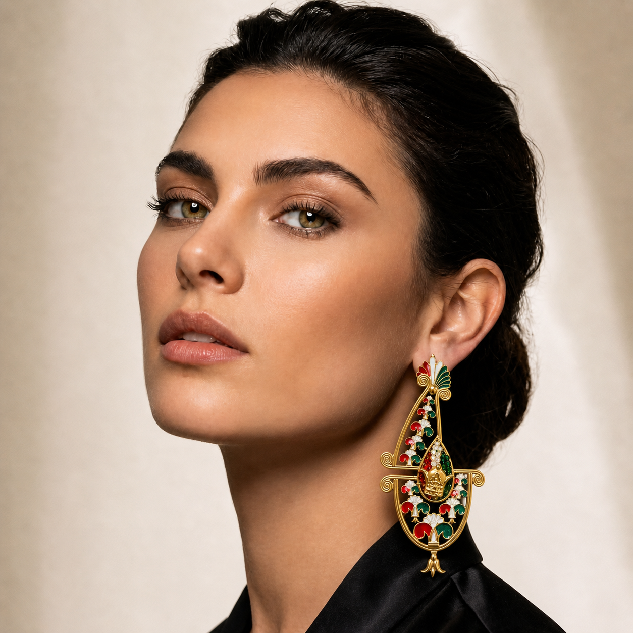 Handmade Persian Map Earrings – Lion & Sun Crown Design | Enamel & Crystal Luxury Statement Jewelry