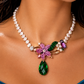 Handmade Floral Pearl Necklace with Green Crystal Drop | Statement Beaded Necklace | Elegant Artisan Jewelry Gift for Women