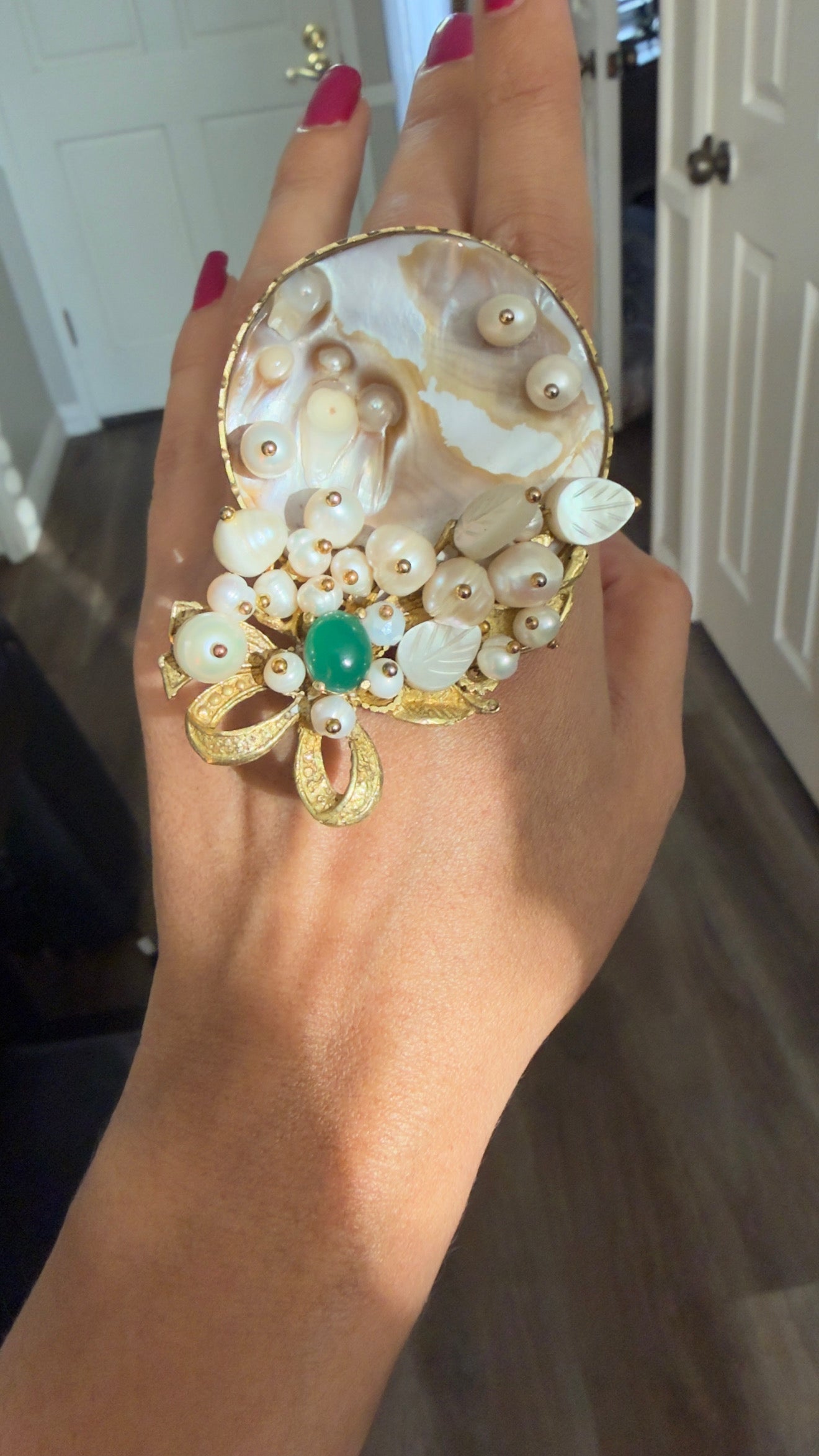 Handmade Statement Pearl Ring – Mother of Pearl & Green Stone Adjustable Ring | Baharnaz -Luxury Handmade Pearl Statement Ring | Baharnaz